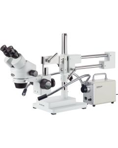 AmScope SM-4BZ-30WY 3.5X-90X Zoom Stereo Microscope on Dual-Arm Boom Stand with Dual-Arm LED Fiber Optic Light